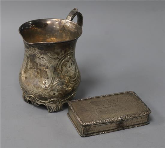 A Victorian engine-turned silver rectangular snuff box and a silver Christening mug,